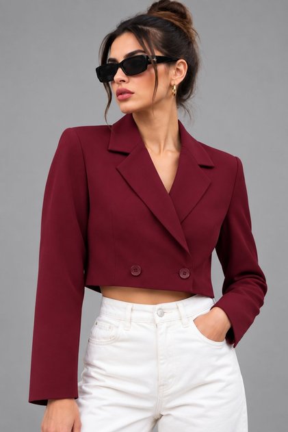 Burgundy Women's Regular Fit Double Button Detailed Crop Blazer Jacket – Modern Stylish Design