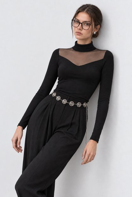 Turtleneck Tulle Detailed Viscose Blouse Lrn0075 Black