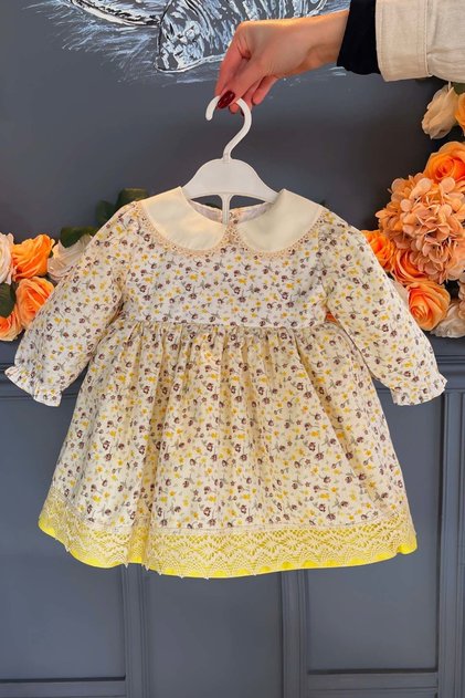 Yellow Brown Long Sleeve Cotton Lace Casual Baby Dress
