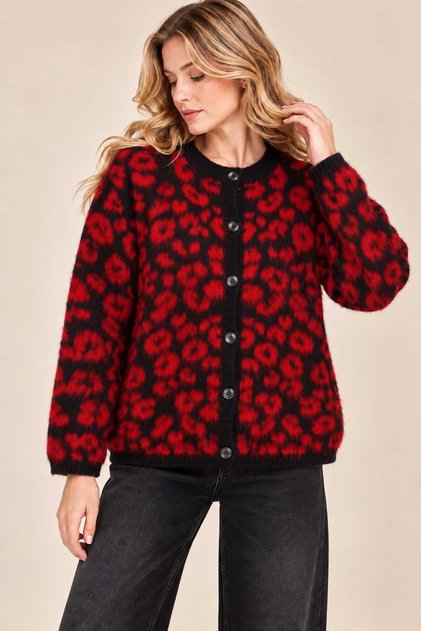 New Season Premium Quality Leopard Patterned Soft Textured Buttoned Women's Knitwear Cardigan
