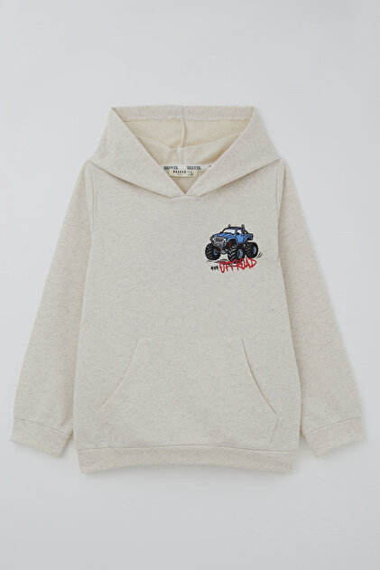 Boy's Sweatshirt with Adventure Themed Off-Road Vehicle Back Print Detail, Ages 4-8, Beige Melange