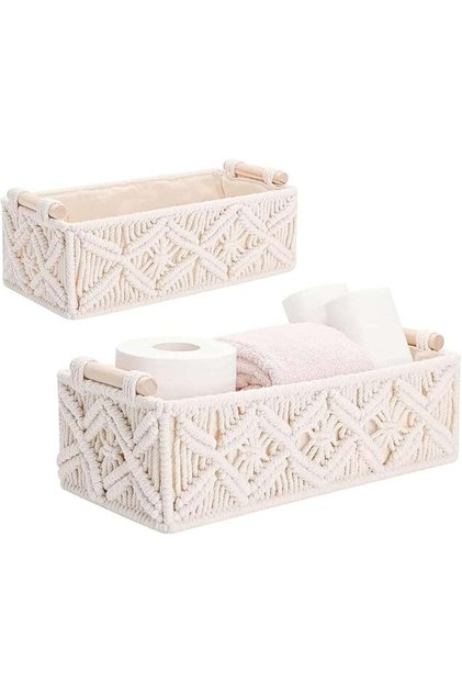 Handwoven Macrame Storage Baskets,Woven Toilet Paper Basket with Handle for Bathroom Countertop, Storage Shelf for Bedroom, Living Room, Home