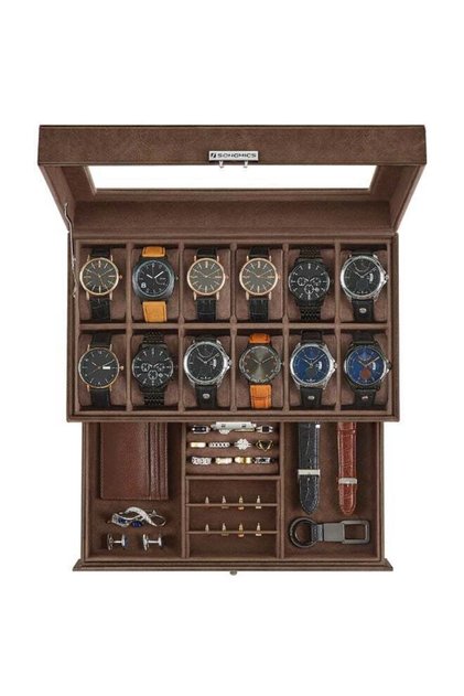 SONGMICS 12-Slot Watch Box, Lockable Watch Case with Glass Lid, 2 Layers, with 1 Drawer for Rings, Bracelets, Father's Day Gifts, Brown Synthetic Leather, Brown Lining