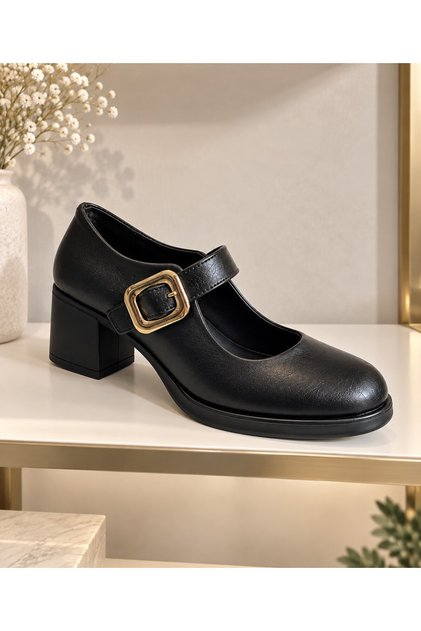 Shoes Kadın Klasik Topuklu Ortopedik Kırışık Siyah Ayakkabı(5cm Topuk Boyu)