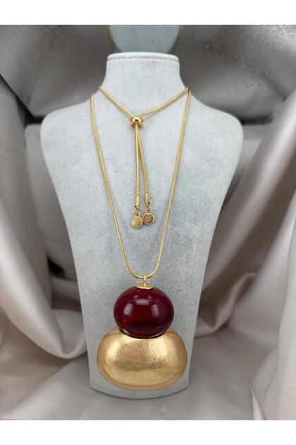 Burgundy Stone Gold Statement Necklace – Adjustable Long Chain with Big Pendant Luxury Design Women's Necklace