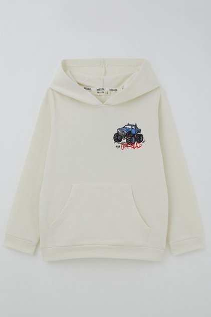 Boy's Sweatshirt with Adventure Themed Off-Road Vehicle Back Print Detail, Ages 4-8, Ecru