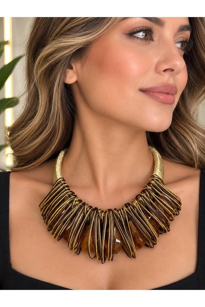 Handmade Special Design Necklace – Bohemian Luxurious and Showy Women's Statement Necklace with Gold Metal Weave Detail