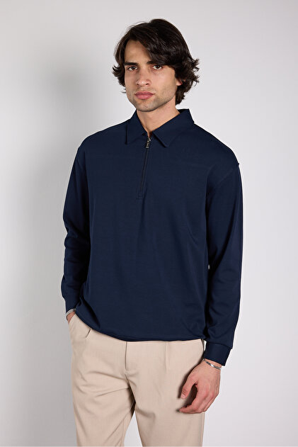 Oversize Zippered Polo Collar Sweatshirt