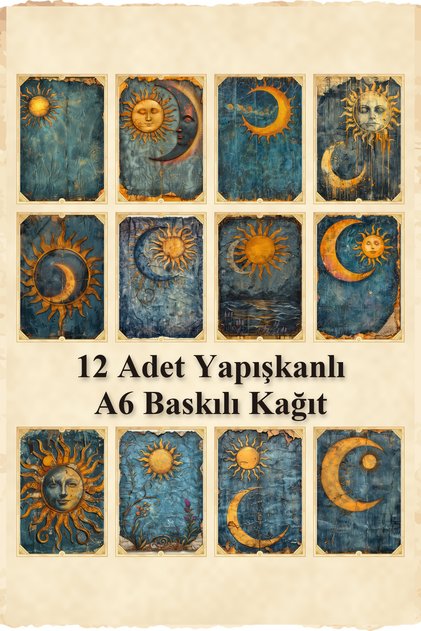 12 Adet Scrapbook Ay Güneş Temalı Yapışkanlı Scrapbook Kağıt Seti Bullet Journal Dekupaj Kağıdı
