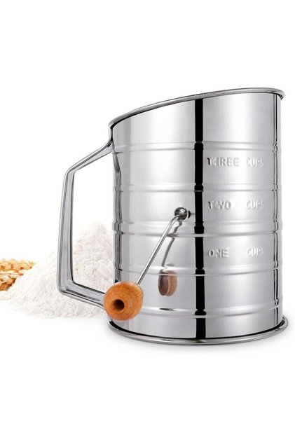 Flour Sifter, 3 Cup Flour Sifter for Baking Fine Mesh Rotary Hand Crank with Loop Agitator for Quic