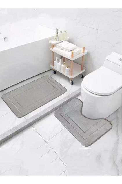 2-Pieces Bathroom Coral Velvet Floor Mat Suit Absorbent Anti-Slip Toilet Carpet Set Grey