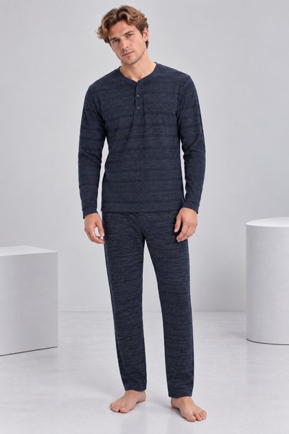 Men's Navy Blue Patterned Lapel Collar Long Sleeve Pajama Set
