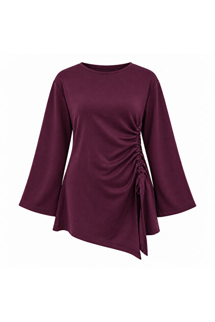 Women's Modal Fabric Side Gathered Asymmetrical Tunic with Tie Detail 0248