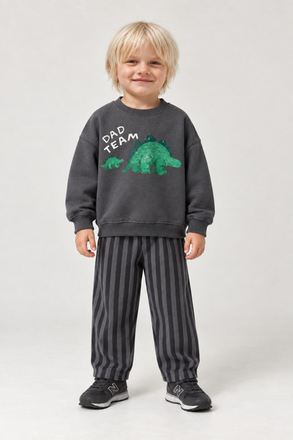 Children's Dinosaur Printed 3 Threaded Top and Bottom Set Striped Pants Unisex