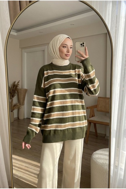 Kadın Çizgili Triko Tunik Oversize Tesettür Kazak