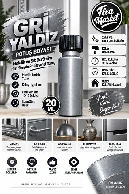 GRİ YALDIZ Çok amaçlı Akrilik Rötuş Boyası- Ahşap , Metal , Fayans , Seramik, Araç , Hobi, 20ml