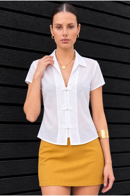 Women's New Season, White, Short Sleeve, Chinese Buttoned Shirt