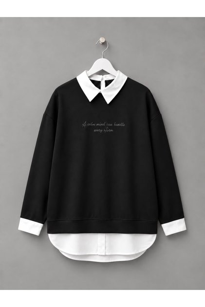Kadın Gömlek Yaka Etek Detaylı Yazılı Oversize Sweatshirt