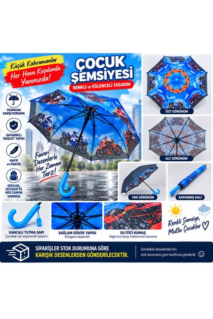 Bardaklı Erkek Çocuk Şemsiyesi Araba Motosiklet Desenli Kılıflı Çocuk Şemsiyesi