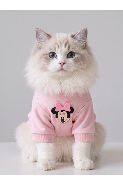 Pinkie Mouse Kedi Tulumu | Pembe Kalın Penye Kedi Kıyafeti | Sevimli Fare ve Kurdele Detaylı