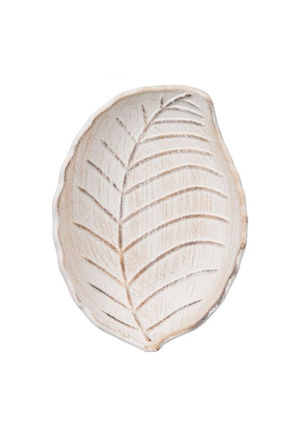 Tavă decorativă din lemn în formă de frunză, bej periat, 18x13x3.5cm