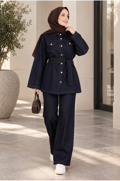 Women's Belted Buttoned Denim Jacket Wide Leg Pants Double Hijab Set Sb0060