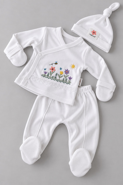 Floral Embroidered Lace Detailed Newborn 3-Piece Hospital Discharge Set with Gloves – 100% Cotton