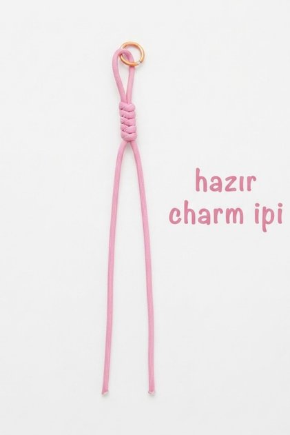 Hazır 4 mm Renkli Klipsli Charm İpi Telefon Çanta Anahtarlık Tablet Charm Yapım Malzemesi-Uzunluk 35 cm Renk Pembe