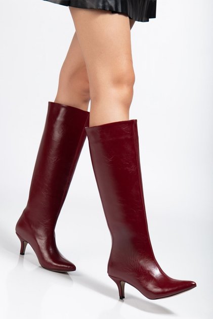Zri̇nx-2025 Premium Burgundy Crinkled Patent Leather Daily Women's Boots 6.5 cm