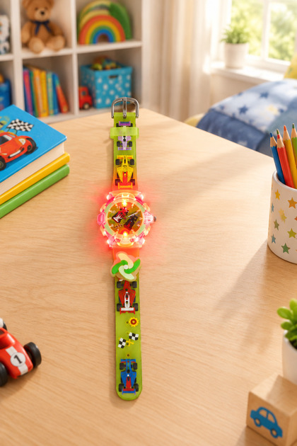Children's Wristwatch with Light-Up and Rotating Figures, Racing Car Themed, Green Color Silicone Strap (Without Box)
