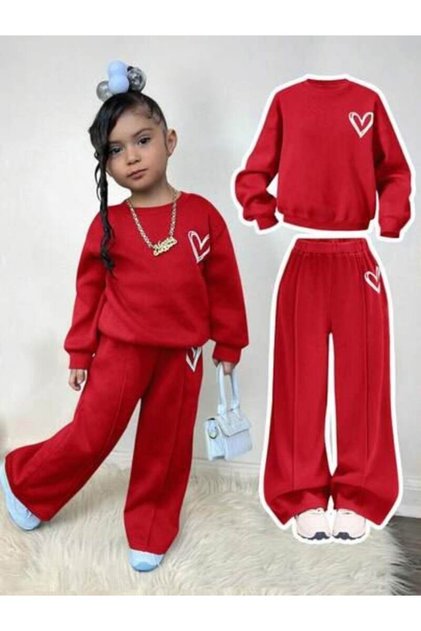 Printed Girls' Red Children's Top and Bottom Set Cotton