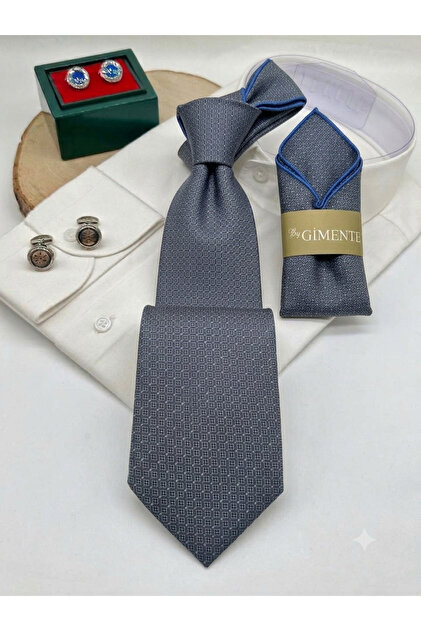 Gri Desenli Mendilli Klasik 7.5 Cm Kravat Set