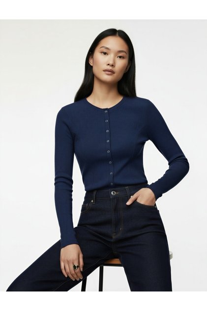 Cotton Slim Fit Crew Neck Long Sleeve Buttoned Knitwear Cardigan