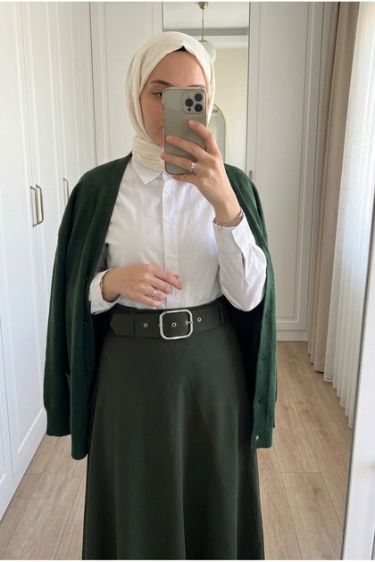 Women's Belted High Waist Crepe Fabric Flared Long Skirt