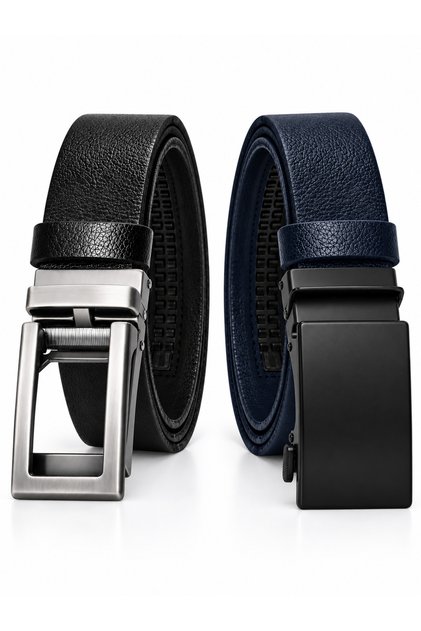 Set of 2 Automatic Buckle Holeless 100% Genuine Buffalo Leather Classic Men's Belts - Suit Belt