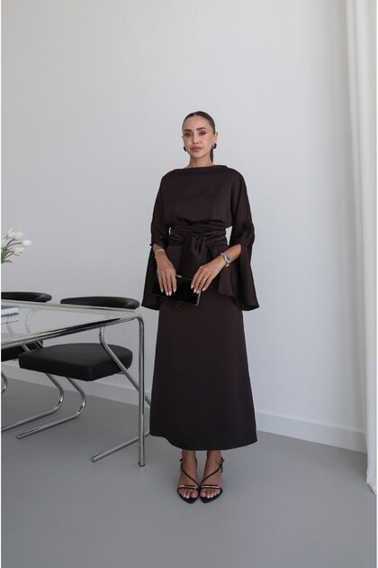 Bitter Brown Sleeveless Slit Boat Neck Satin Dress