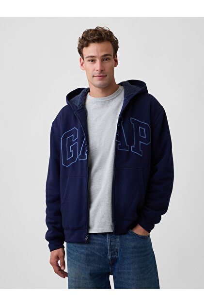 Erkek Lacivert Relaxed Logo Sherpa Astarlı Fermuarlı Sweatshirt