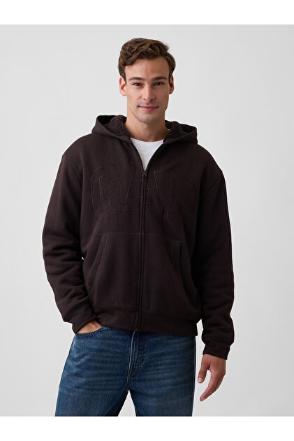 Erkek Kahverengi Relaxed Logo Sherpa Astarlı Fermuarlı Sweatshirt