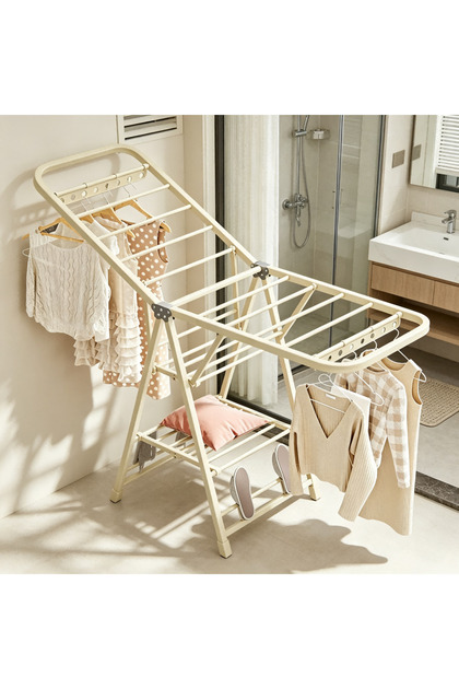 160cm Cream White Foldable Wing Clothes Drying Rack with Hidden Casters, Adjustable Height for Indoor Balcony Laundry Use