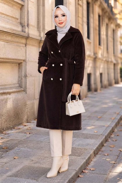 Double-Breasted Collar Belted Angora Coat Brown Hnt2807