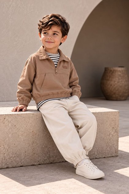 Half-Zip Elastic Boys' 3-Piece Set - Milk Coffee