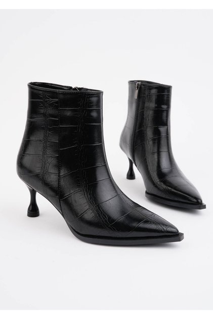 Lavenza Croco Patterned Pointed Toe Thin Heel Stylish Women's Boots Elegant and Modern Design Heel Height 6.5 cm