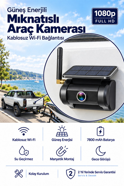 Solar Panelli WİFİ Mıknatıslı Araç Kamerası Geri Görüş Park Kamerası Karavan Servis Minibüs Kamyon İçin Uygun Araç Kamerası