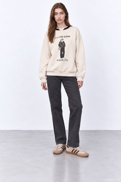 Printed Detailed Sweatshirt Beige