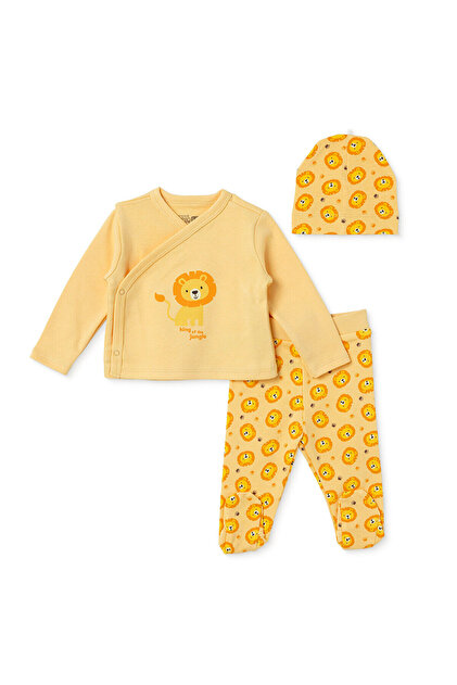 HelloBaby Erkek Bebek Zıbın-Şapka-Alt Hayvan Baskılı Çıtçıtlı V Yaka Uzun Kol Patikli
