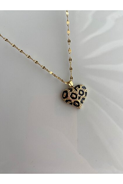 Kadın leoparlı kalp uçlu çelik kolye(40 cm)