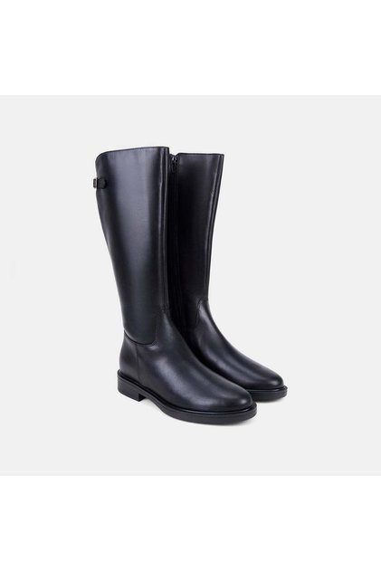 Women's Black Leather Boots with Metal Buckle Belt Detail