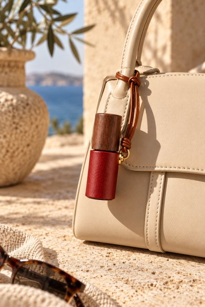 Hakiki Deri Parfüm Şişesi Charm – Ahşap Kapaklı Mini Parfüm Taşıma Kılıfı – Çanta Aksesuarı