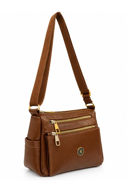 Women's Faux Leather Multi-Compartment Zippered Daily Use Crossbody Bag Brown Matte