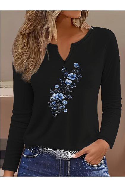 Women's Cotton Blue Floral Pattern Printed Long Sleeve Half V-Neck Full Fit Lycra T-Shirt